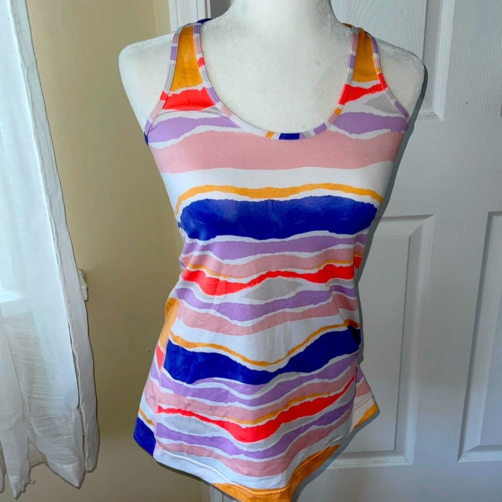 EUC Lululemon Cool Racerback Bleacher Stripe White Iris Flower 4